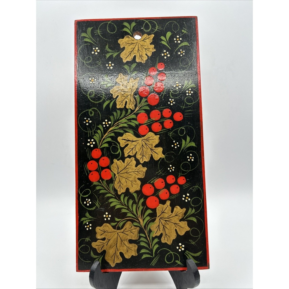Vintage Khokhlama Hand Painted Wooden Berry Wall Hanging Russian Folk Art Decor